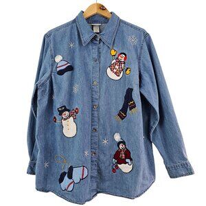 Womens Sz 18/20W Blue Denim Christmas Button Up Shirt Holidays Snowman Snowflake